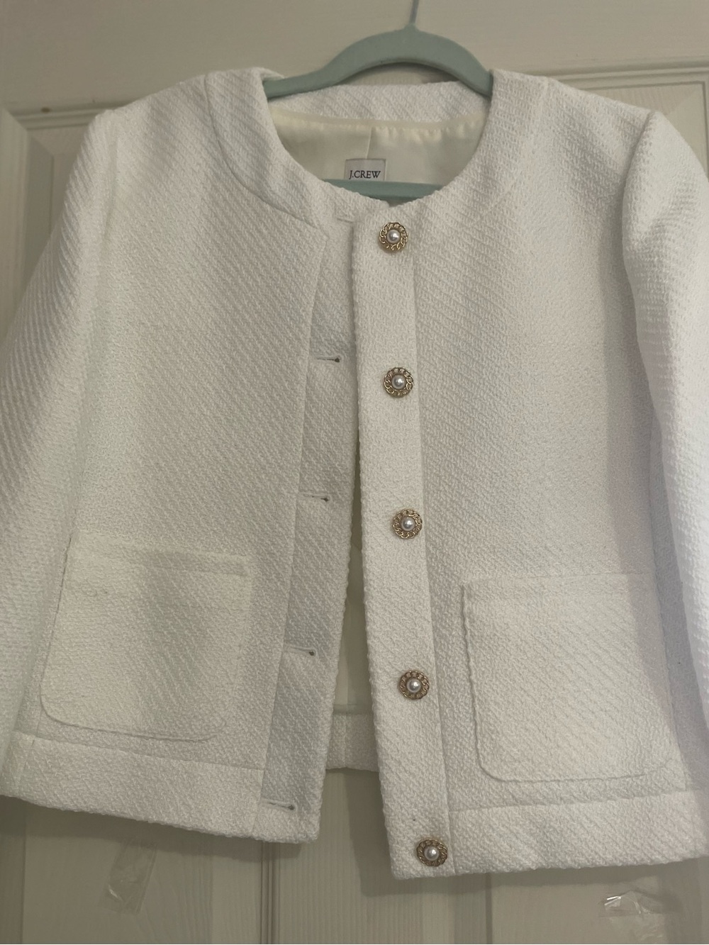 J. Crew White Textured Pearl-Accent Cropped Jacket